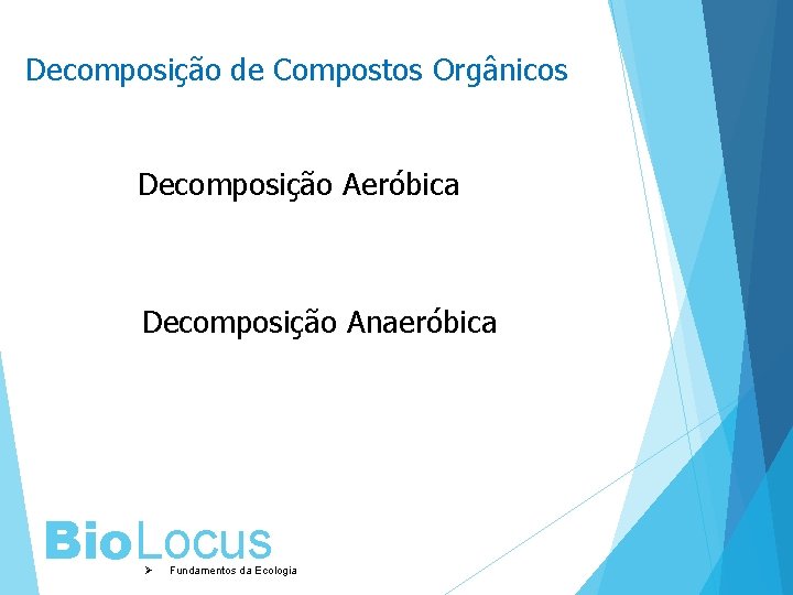 Decomposição de Compostos Orgânicos Decomposição Aeróbica Decomposição Anaeróbica Bio. Locus Ø Fundamentos da Ecologia