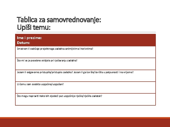 Tablica za samovrednovanje: Upiši temu: Ime i prezime: Datum: Smatram li sadržaje projektnoga zadatka