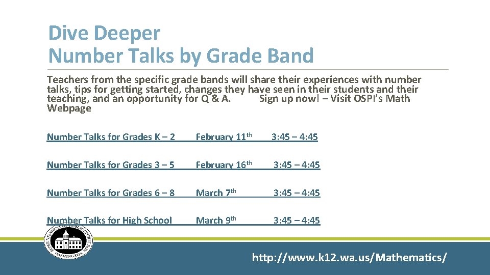 Dive Deeper Number Talks by Grade Band Teachers from the specific grade bands will