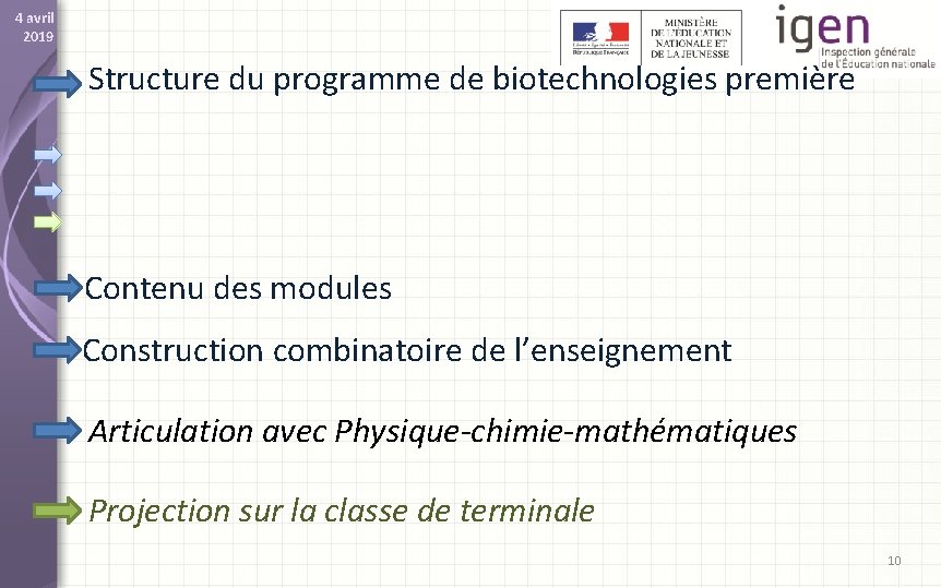 4 avril 2019 Structure du programme de biotechnologies première Contenu des modules Construction combinatoire