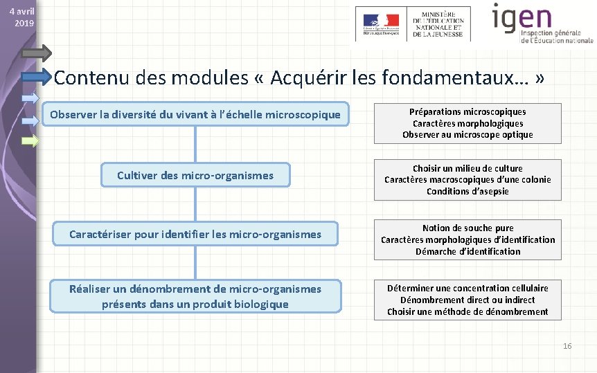 4 avril 2019 Contenu des modules « Acquérir les fondamentaux… » Observer la diversité