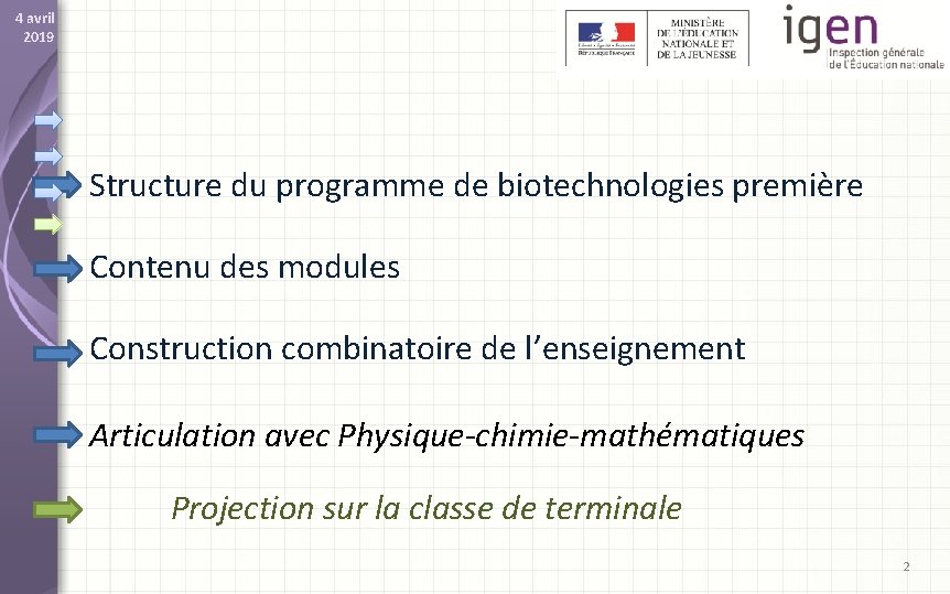 4 avril 2019 Structure du programme de biotechnologies première Contenu des modules Construction combinatoire