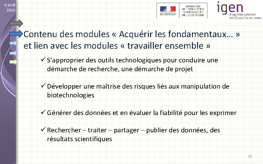 4 avril 2019 Contenu des modules « Acquérir les fondamentaux… » et lien avec