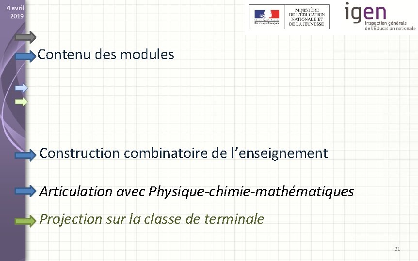 4 avril 2019 Contenu des modules Construction combinatoire de l’enseignement Articulation avec Physique-chimie-mathématiques Projection