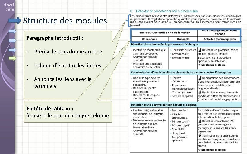 4 avril 2019 Structure des modules Paragraphe introductif : - Précise le sens donné