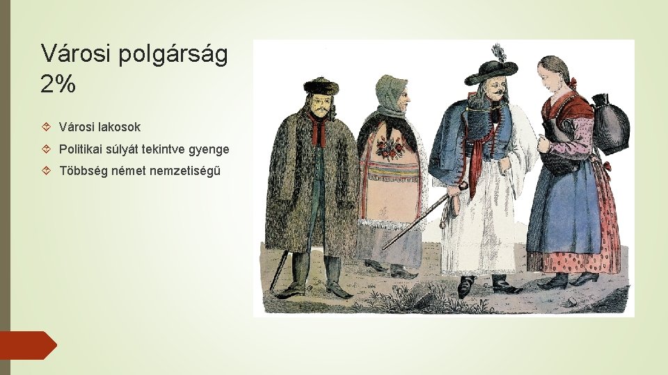 Városi polgárság 2% Városi lakosok Politikai súlyát tekintve gyenge Többség német nemzetiségű 