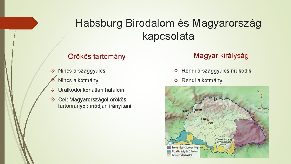 Habsburg Birodalom és Magyarország kapcsolata Örökös tartomány Magyar királyság Nincs országgyűlés Rendi országgyűlés működik