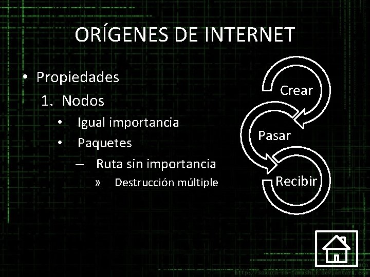 ORÍGENES DE INTERNET • Propiedades 1. Nodos • • Igual importancia Paquetes – Ruta