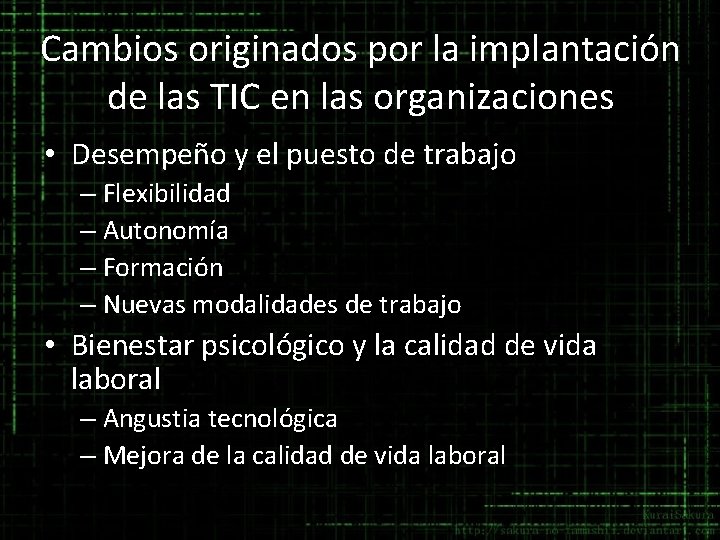 Cambios originados por la implantación de las TIC en las organizaciones • Desempeño y