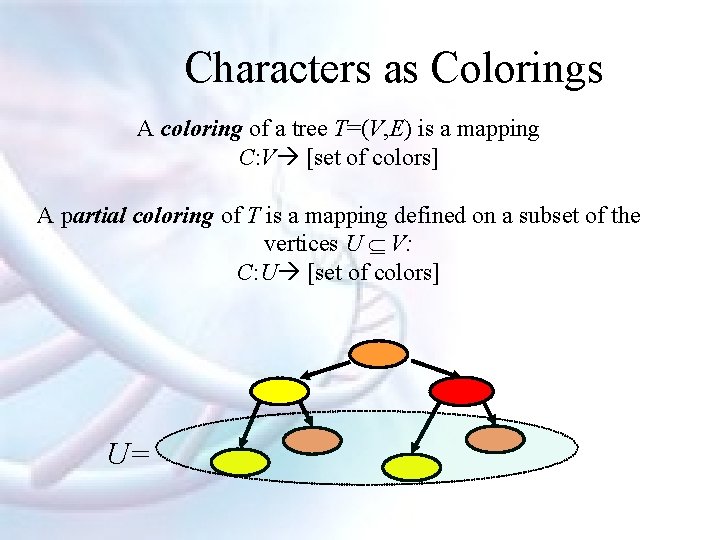 Characters as Colorings A coloring of a tree T=(V, E) is a mapping C: