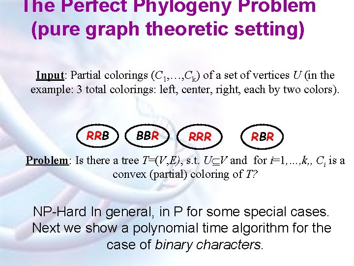 The Perfect Phylogeny Problem (pure graph theoretic setting) Input: Partial colorings (C 1, …,
