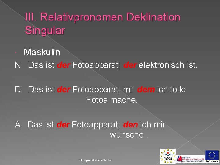 III. Relativpronomen Deklination Singular Maskulin N Das ist der Fotoapparat, der elektronisch ist. D