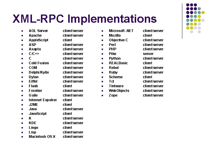 XML-RPC Implementations l l l l l l AOL Server Apache Apple. Script ASP