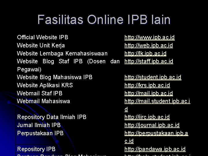 Fasilitas Online IPB lain Official Website IPB http: //www. ipb. ac. id Website Unit