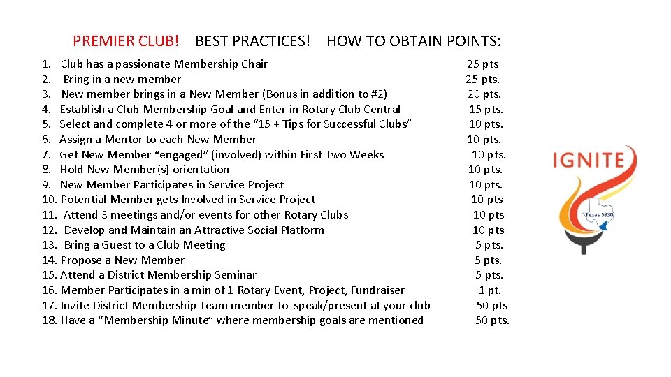 PREMIER CLUB! BEST PRACTICES! HOW TO OBTAIN POINTS: 1. Club has a passionate Membership