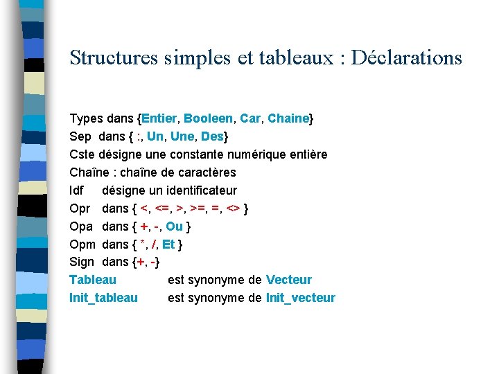 Structures simples et tableaux : Déclarations Types dans {Entier, Booleen, Car, Chaine} Sep dans