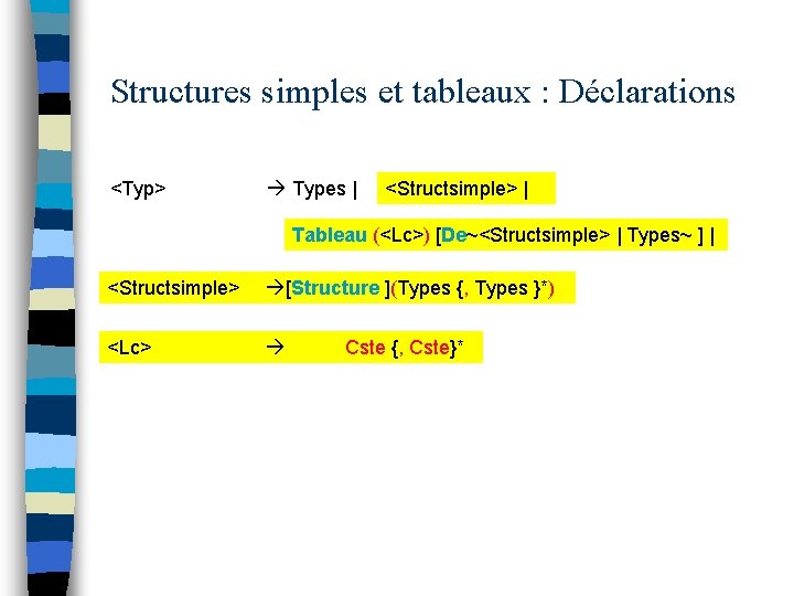 Structures simples et tableaux : Déclarations <Typ> Types | <Structsimple> | Tableau (<Lc>) [De~<Structsimple>