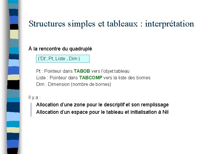 Structures simples et tableaux : interprétation À la rencontre du quadruplé (‘Dt’, Pt, Liste