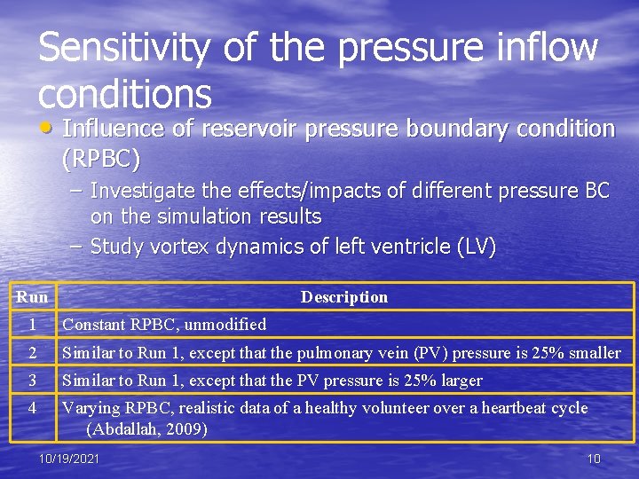 Sensitivity of the pressure inflow conditions • Influence of reservoir pressure boundary condition (RPBC)