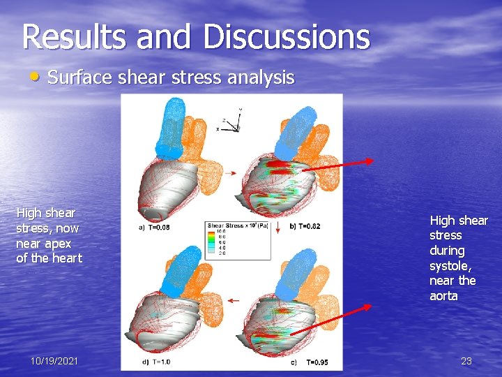 Results and Discussions • Surface shear stress analysis High shear stress, now near apex