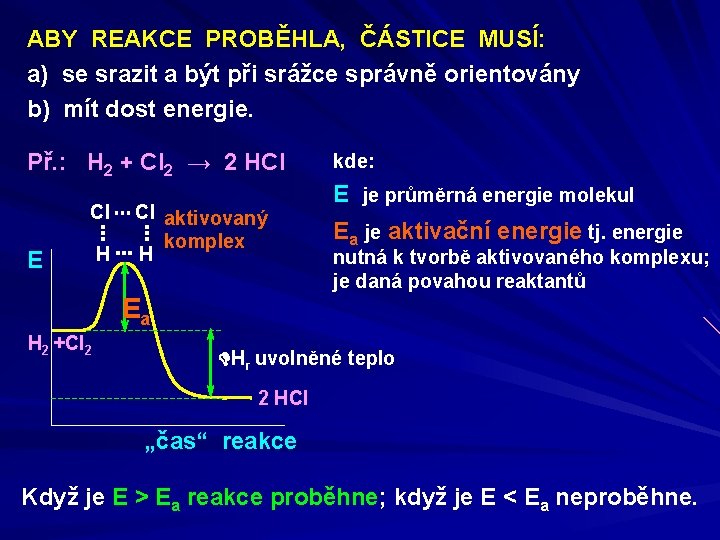 ABY REAKCE PROBĚHLA, ČÁSTICE MUSÍ: a) se srazit a být při srážce správně orientovány