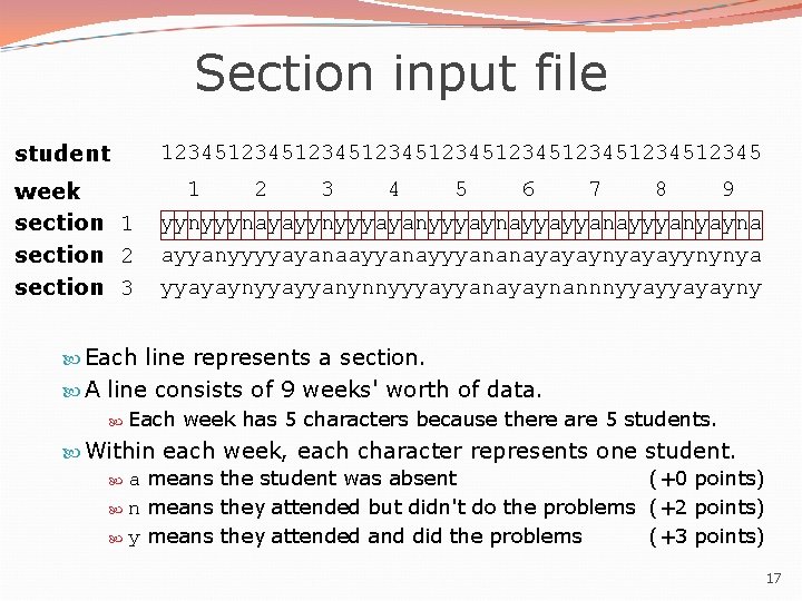Section input file student 1234512345123451234512345 week section 1 section 2 section 3 1 2
