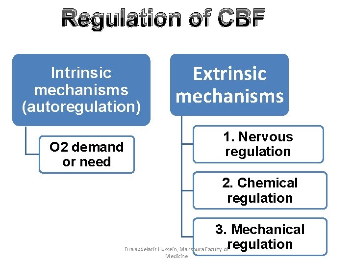 Regulation of CBF Intrinsic mechanisms (autoregulation) Extrinsic mechanisms 1. Nervous regulation O 2 demand