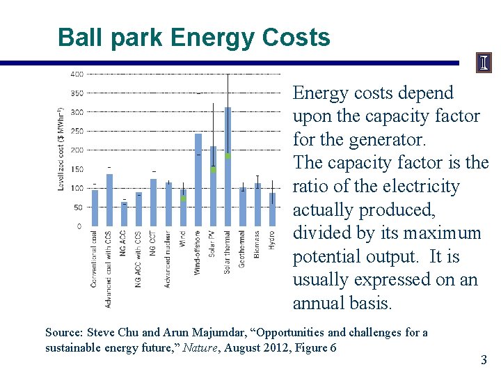 Ball park Energy Costs Energy costs depend upon the capacity factor for the generator.