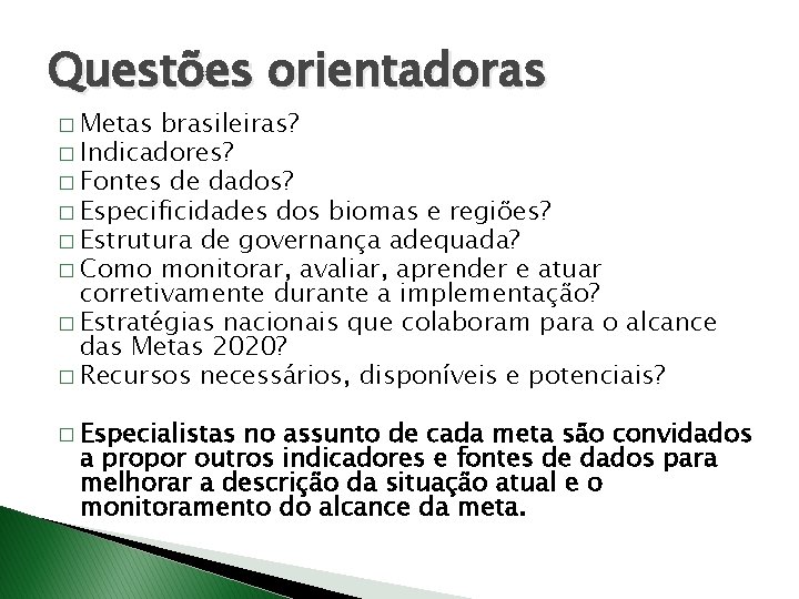 Questões orientadoras � Metas brasileiras? � Indicadores? � Fontes de dados? � Especificidades dos