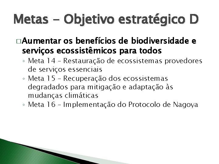 Metas - Objetivo estratégico D � Aumentar os benefícios de biodiversidade e serviços ecossistêmicos