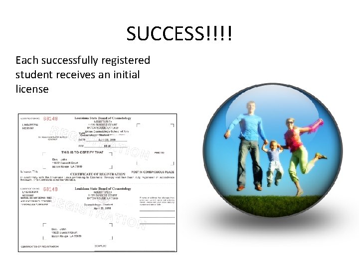 SUCCESS!!!! Each successfully registered student receives an initial license 