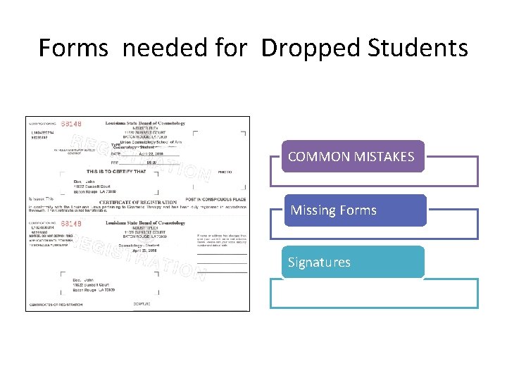 Forms needed for Dropped Students COMMON MISTAKES Missing Forms Signatures 