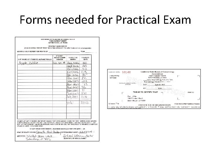 Forms needed for Practical Exam 