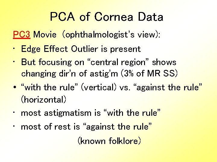 PCA of Cornea Data PC 3 Movie (ophthalmologist’s view): • Edge Effect Outlier is