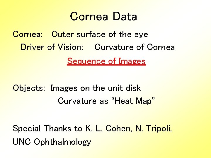 Cornea Data Cornea: Outer surface of the eye Driver of Vision: Curvature of Cornea