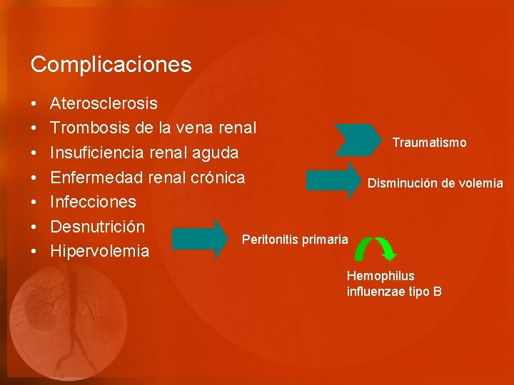 Complicaciones • • Aterosclerosis Trombosis de la vena renal Insuficiencia renal aguda Enfermedad renal
