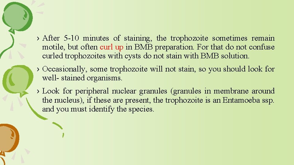 › After 5 -10 minutes of staining, the trophozoite sometimes remain motile, but often