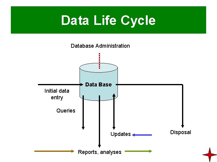 Data Life Cycle Database Administration Data Base Initial data entry Queries Updates Reports, analyses