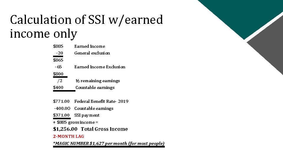 Calculation of SSI w/earned income only $885 -20 $865 -65 $800 /2 $400 Earned
