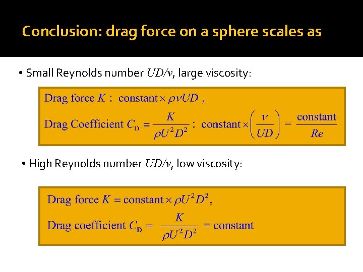Conclusion: drag force on a sphere scales as • Small Reynolds number UD/ν, large