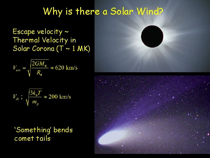 Why is there a Solar Wind? Escape velocity ~ Thermal Velocity in Solar Corona