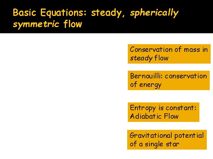 Basic Equations: steady, spherically symmetric flow Conservation of mass in steady flow Bernouilli: conservation