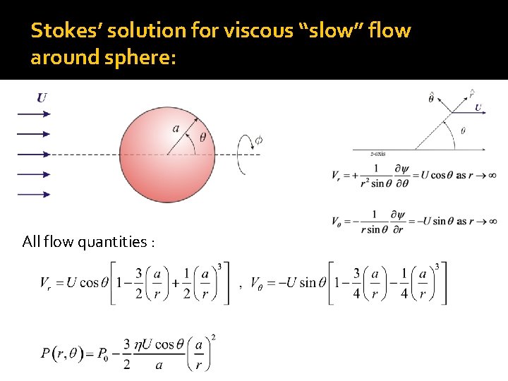 Stokes’ solution for viscous “slow” flow around sphere: All flow quantities : 