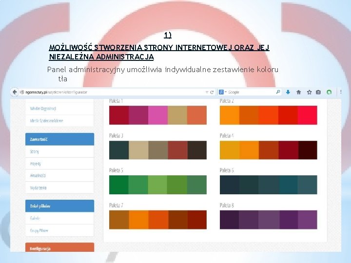 1) MOŻLIWOŚĆ STWORZENIA STRONY INTERNETOWEJ ORAZ JEJ NIEZALEŻNA ADMINISTRACJA Panel administracyjny umożliwia indywidualne zestawienie