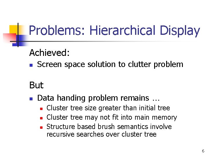 Problems: Hierarchical Display Achieved: n Screen space solution to clutter problem But n Data Problems: Hierarchical Display Achieved: n Screen space solution to clutter problem But n Data