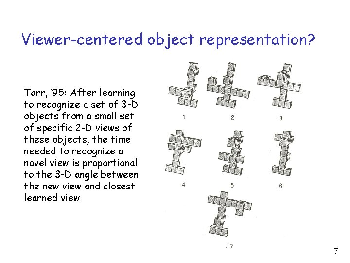 Viewer-centered object representation? Tarr, ‘ 95: After learning to recognize a set of 3 Viewer-centered object representation? Tarr, ‘ 95: After learning to recognize a set of 3