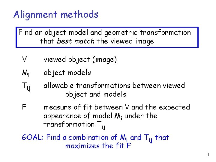 Alignment methods Find an object model and geometric transformation that best match the viewed Alignment methods Find an object model and geometric transformation that best match the viewed