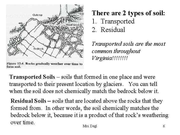 There are 2 types of soil: 1. Transported 2. Residual Transported soils are the