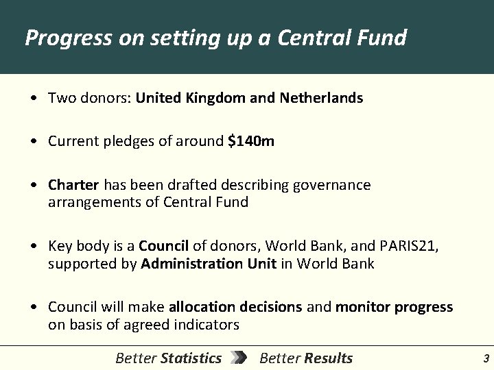 Progress on setting up a Central Fund • Two donors: United Kingdom and Netherlands