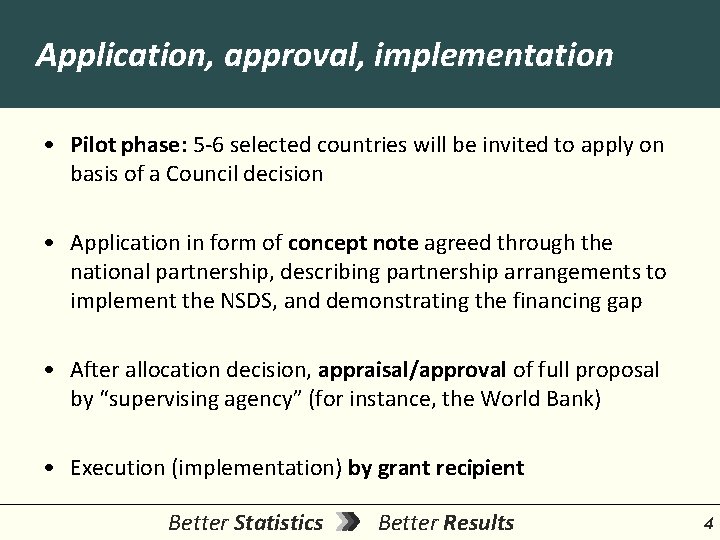 Application, approval, implementation • Pilot phase: 5 -6 selected countries will be invited to